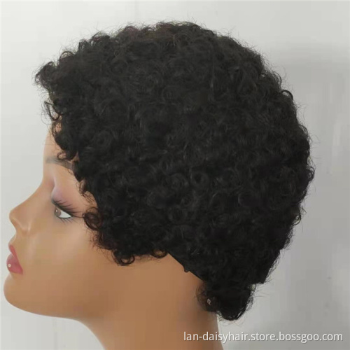 Short Afro Kinky Curly Human Hair Wigs for Black Women Wigs Black Color None lace Machine Made Wigs